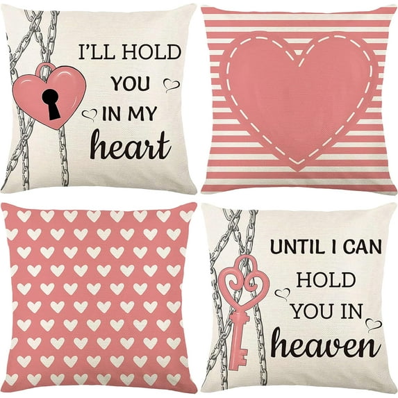 Valentines Day Pillow Covers 18x18 Set of 4, Heart Lock Valentines Day Decorations, I\u2018ll Hold You in My Heart Until I Can Hold You in Heaven Pillowcase for Couch, Valentines Day gifts for Him/Her