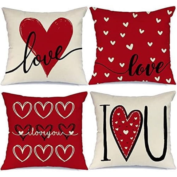 Valentines Day Pillow Covers 18x18 Set of 4 Love Heart Valentines Day Decor Throw Pillows Decorative Cushion Cases for Sofa Couch Valentine Decorations