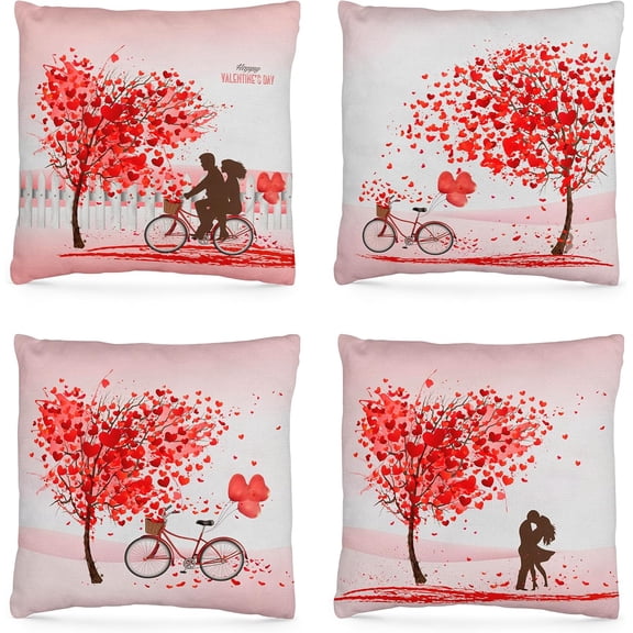 , Valentines Day Pillow Covers 18x18 Set of 4 | Valentines Day Decorations | Farmhouse Decor for Living Room | Red Love Heart Holiday Decorative Throw Pillows Cushion Cases for Sofa Couch