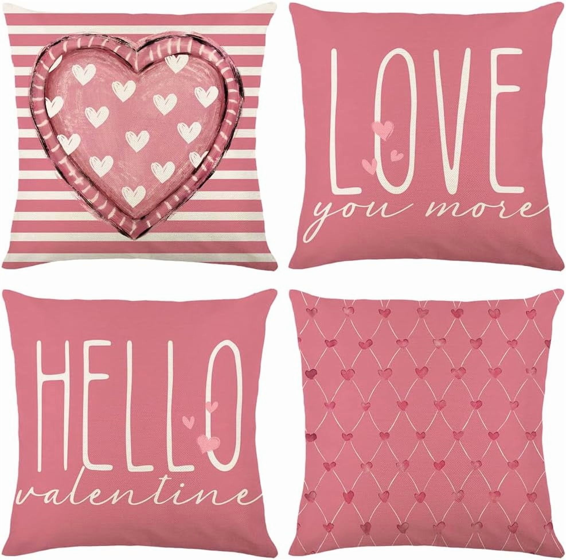 Valentines Day Pillow Covers 20 x 20 Inch Set of 4 Hello Valentine Love You More Pink White Stripes Heart Throw Pillows Decorative Cushion Cases Valentines Decor Pink