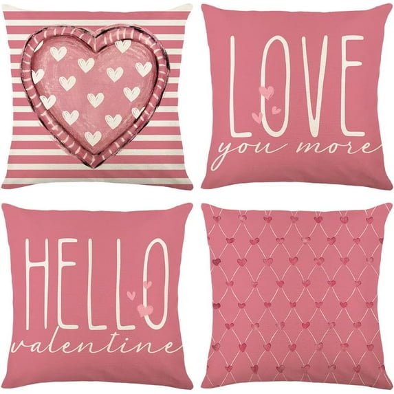 Valentines Day Pillow Covers 20 x 20 Inch Set of 4 Hello Valentine Love You More Pink White Stripes Heart Throw Pillows Decorative Cushion Cases Valentines Decor Pink