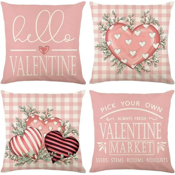 Valentines Day Pillow Covers 20 x 20 Inch Set of 4 Hello Valentine Pink Polka Dot Heart Buffalo Plaid Eucalyptus Leaves Throw Pillows Decorative Cushion Cases Valentines Decor