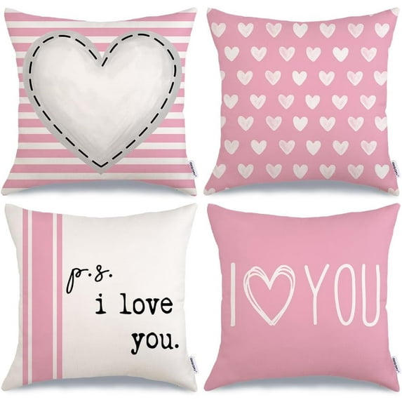 Valentines Day Pillow Covers 20 x 20 inch Set of 4 for Valentine Decor Pink Stripes Love Heart I Love You Decorative Throw Pillows Cushion Cases for Sofa Couch Decorations G448-20