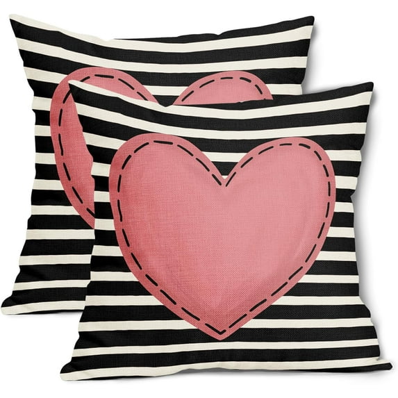Valentines Day Pillow Covers 20X20 Inch Black White Stripes Pink Heart Decorative Square Pillow Cases Valentine''s Day Linen Throw Pillows Set of 2 Home Decor for Sofa Porch Couch Outdoor