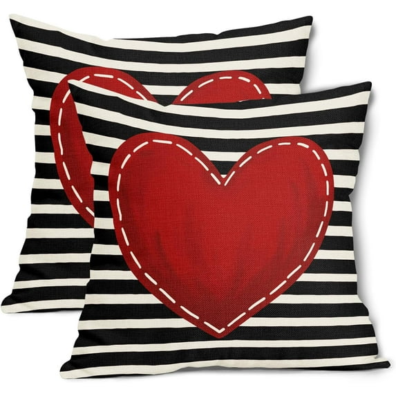 Valentines Day Pillow Covers 20X20 Inch Black White Stripes Red Heart Decorative Square Pillow Cases Valentine''s Day Cotton Linen Throw Pillows Set of 2 Home Decor for Sofa Porch Couch Outdoor