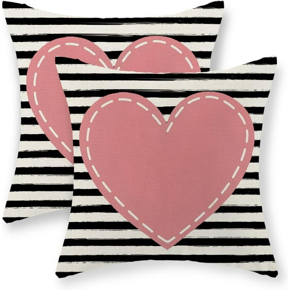 Valentines Day Pillow Covers 20x20 Inch Set of 2, Valentines Decor Linen Pillowcase Stripes Pink Love Heart Valentines Throw Pillows Anniversary Decorative Outdoor Cushion Case for Sofa Couch