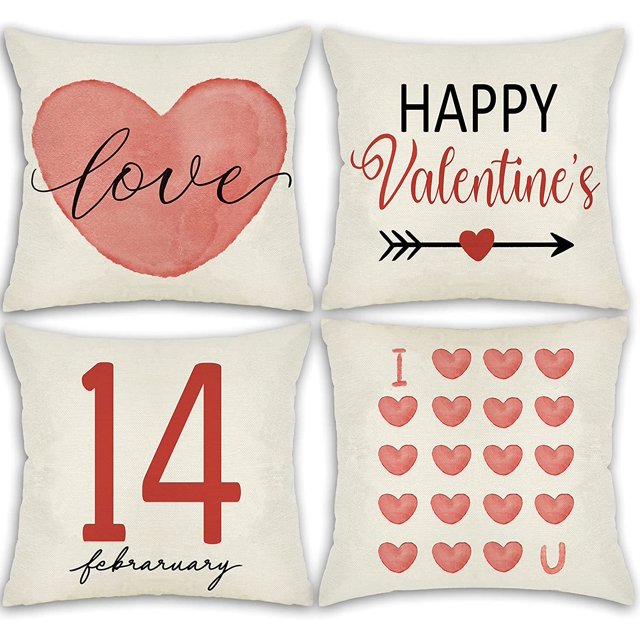 Valentines Day Pillow Covers 20x20 Inch Set of 4 Red Heart and Love