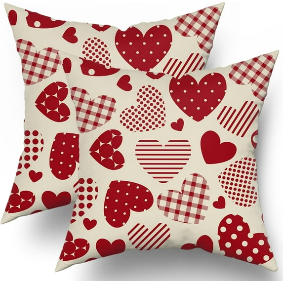 Valentines Day Pillow Covers 20x20 Set of 2 Buffalo Plaid Polka Dot Stripes Red Love Heart Print Decorative Throw Pillows Rustic Valentine Themed Pillow Cases Decor for Couch Sofa Bed
