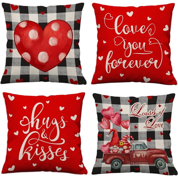 Valentines Day Pillow Covers 20x20 Set of 4 Red Love Heart Throw Pillow Covers Home Outdoor Sofa Couch Cushion Covers Wedding Anniversary Pillow Covers Gnome Truck Pillow Cases 20by20