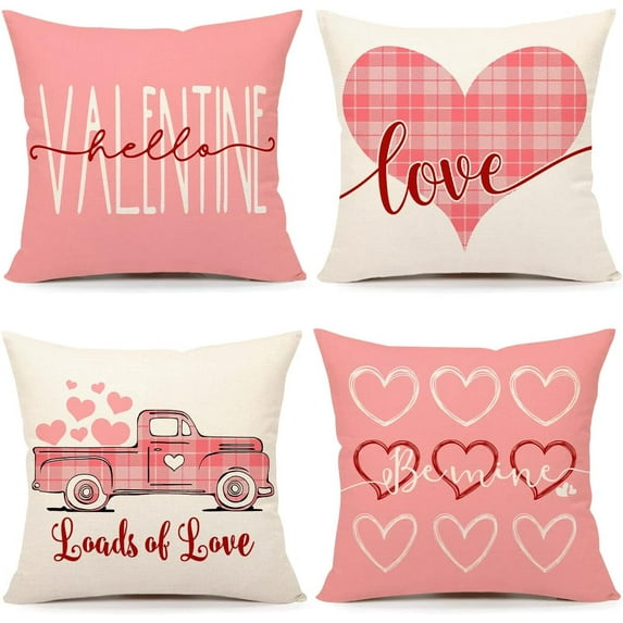 Valentines Day Pillow Covers 20x20 Set of 4 Spring Farmhouse Decor Pink Truck with Love Heart Be Mine Holiday Decorations Throw Cushion Case for Home Decorations TH157-20
