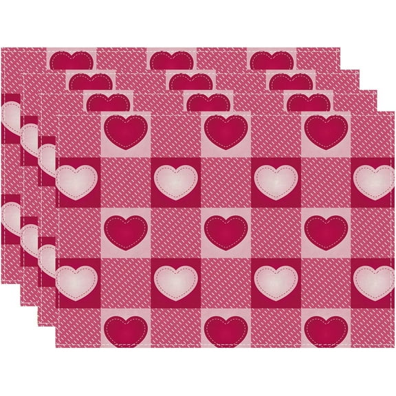 Valentines Day Pink White Plaid Love Hearts Cloth Placemats Set of 4 Table Mats Table Decorations 12x18 Inch