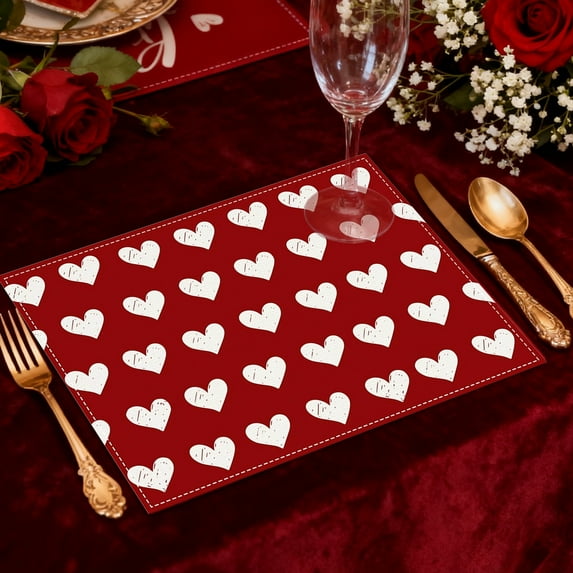 Valentines Day Placemats, Insulated Placemats, Heart Print Linen Table Mats for Holiday Party, Durable Linen Fabric with Reinforced Edging and Heat Resistant Design