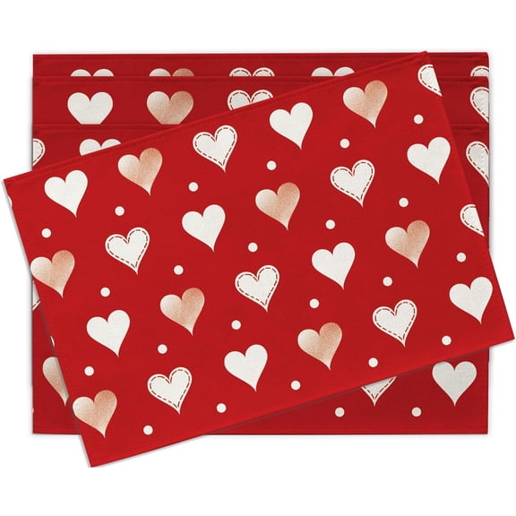 Valentines Day Placemats Set of 4, Red White Love Heart Polka Dot Dining Place Mats Table Decor, Anniversary Wedding Home Kitchen Decoration 12 x 18 Inches