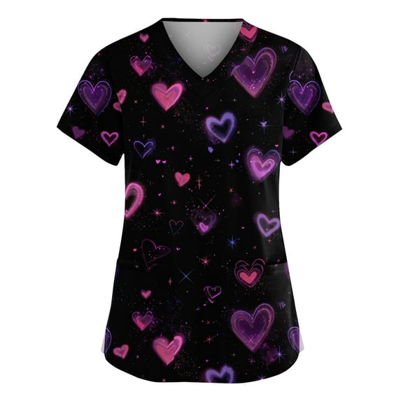 Valentines Day Plus Size Scrubs Tops for Women Cute Love Heart Print Short Sleeve Nurse Working Uniforms Valentine's Day Scrub Shirts with Pockets