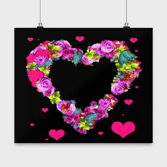 Valentines Day Poster, Floral Heart Design, Love Wall Art Gift, Black 13x13in Poster