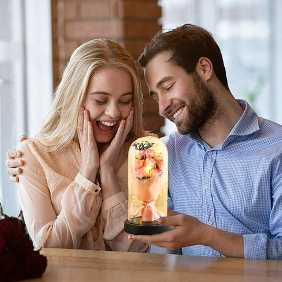 Valentines Day Preserved Rose Bouquet in Glass Dome, LED Light Up Eternal Roses, Romantic Gifts for Her, Birthday Gifts, Mom Wife Girlfriend, Valentines Home Decor