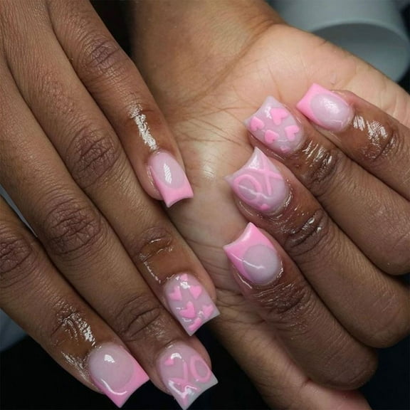 Valentines Day Press On Nails Short Square Styles Acrylic Nails with Heart And Letter Designs Artificial Nails for Women