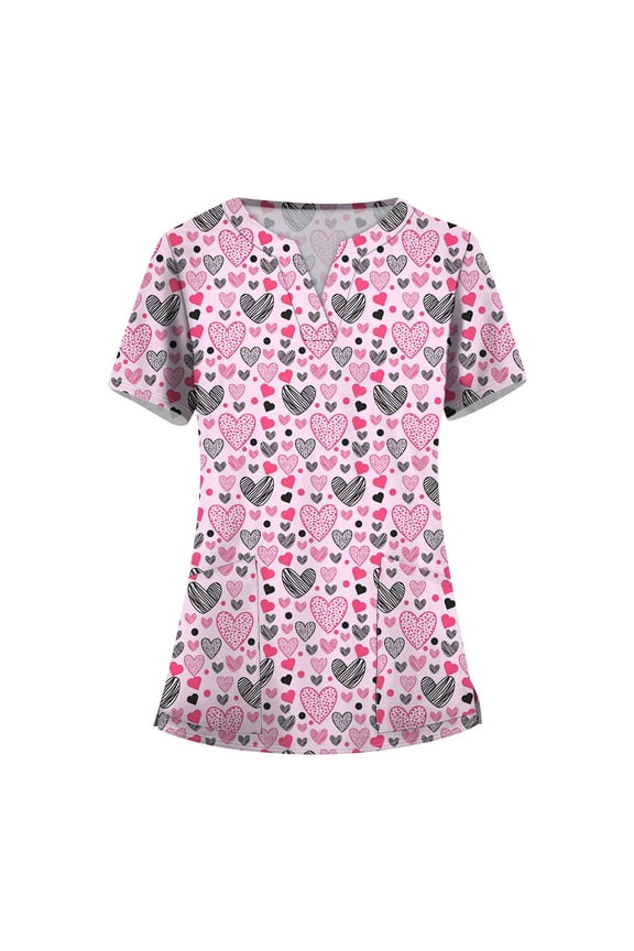 Valentines Day Print Scrub Tops Women Love Heart Printed V Neck Breathable Scrub Tops Short Sleeve Professionals Soft Stretch Workwear Shirt with Pockets (Light pink)
