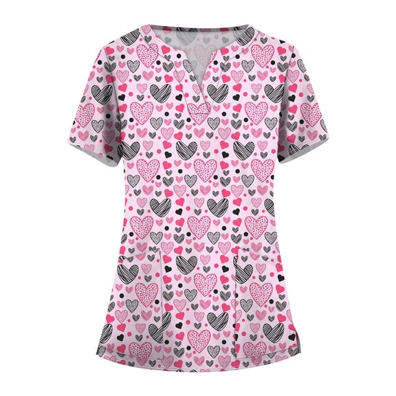 Valentines Day Print Scrub Tops Women Love Heart Printed V Neck Breathable Scrub Tops Short Sleeve Professionals Soft Stretch Workwear Shirt with Pockets (Light pink)