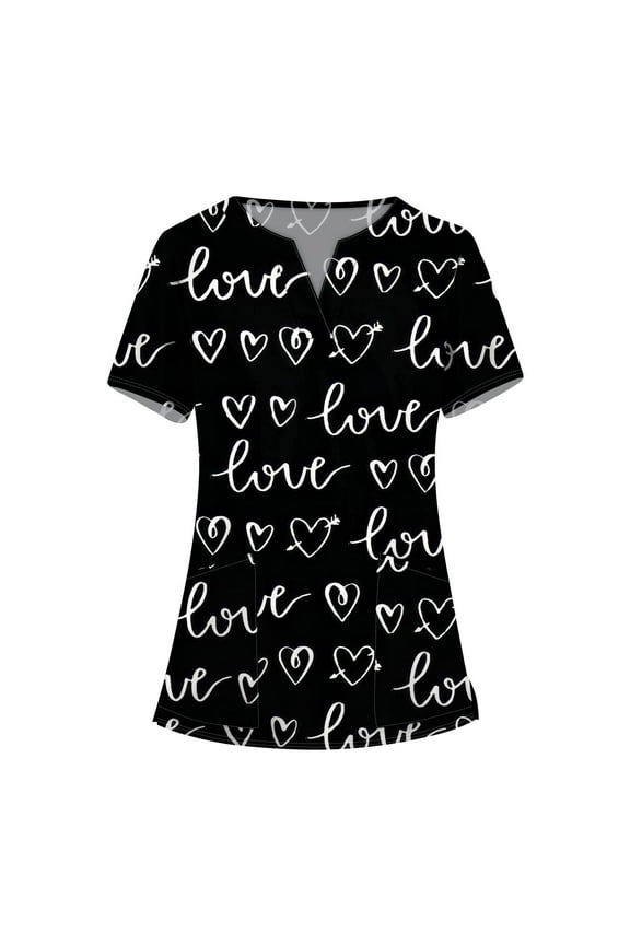 Valentines Day Print Scrub Tops Women Love Heart Printed V-Neck Breathable T-Shirts Short Sleeve Professionals Soft Stretch Workwear Shirt with Pockets (White)