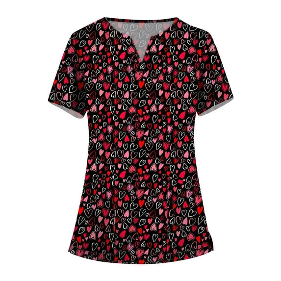 Valentines Day Print Scrub Tops Women Love Heart Printed V Neck Breathable Workwear Shirt Short Sleeve Professionals Soft Stretch Scrub Tops with Pockets ( red)