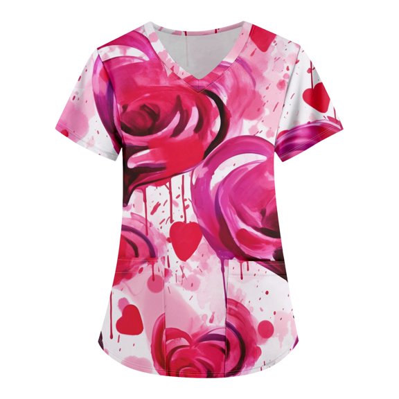 Valentines Day Print Scrub Tops Women Love Heart Printed V-Neck Breathable Workwear Shirt Short Sleeve Professionals Soft Stretch T-Shirts with Pockets hot pink 4X-Large