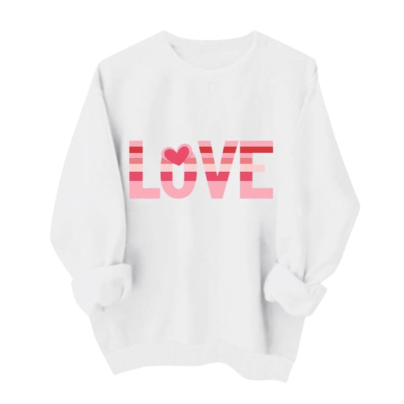 Valentines Day Pullover Sweatshirts Women Cute Heart Funny Valentine Sweater Tops Casual Long Sleeve Shirts, M White