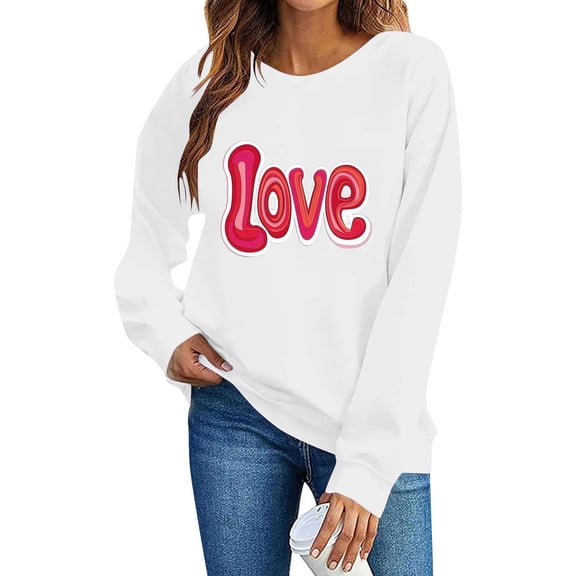 Valentines Day Pullover Sweatshirts Women Cute Heart Funny Valentine Sweater Tops Casual Long Sleeve Shirts, XS White
