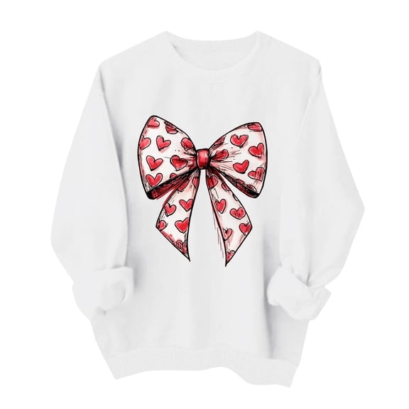 Valentines Day Pullover Sweatshirts Women Cute Heart Graphic Valentine Sweater Tops Casual Funny Long Sleeve Shirts, S White