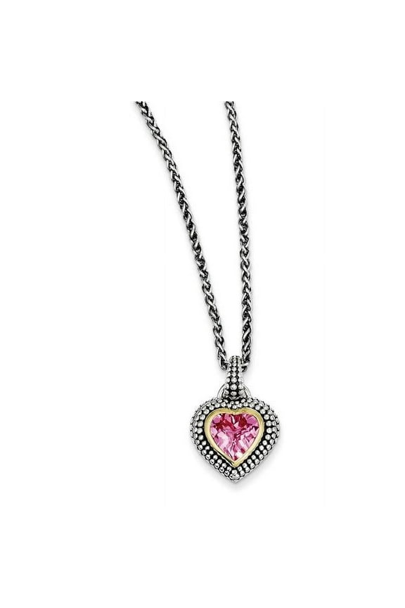 Valentines Day QTC39 8 mm Sterling Silver with 14k Gold Created Pink Sapphire Necklace