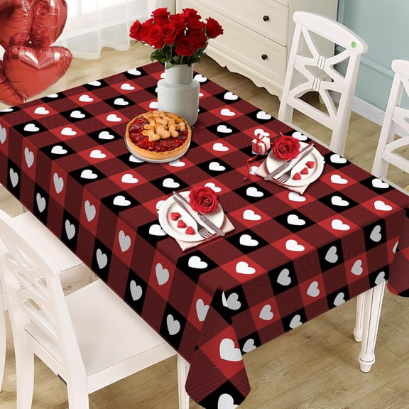 Valentines Day Rectangle Tablecloth 60 x 84 Inches, Red Black Love Hearts Buffalo Plaid Check Decorative Dining Table Cloth, Anniversary Wedding Dinner Tablecover Picnic Party Decoration
