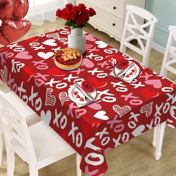 Valentines Day Rectangle Tablecloth 60 x 84 Inches, Red Pink White Love Hearts Decorative Dining Table Cloth, Romantic Anniversary Wedding Dinner Tablecover Picnic Party Decoration