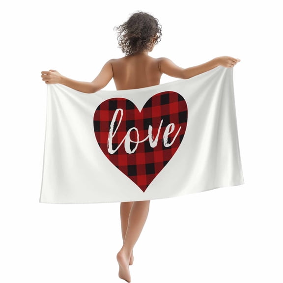 Valentines Day Red and Black Buffalo Check Plaid Love Beach Towels Blanket Soft&Absorbent Quick Dry Microfiber Heart s Pool Towels for Swimming ,Yoga, Sports, Gym, Camping,Large 30X60in,