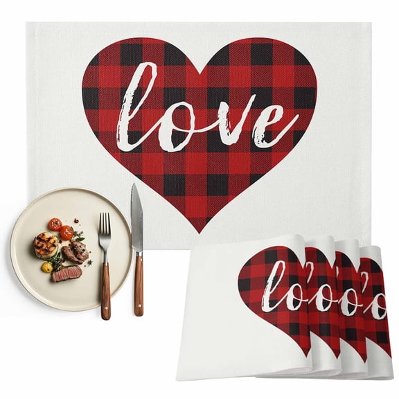 Valentines Day Red and Black Buffalo Check Plaid Love Placemats Set of 2, Heart s Table Mats Washable Heat-Resistant Non-Slip Place Mats for Kitchen Dinner Table Indoor Outdoor Decor,13x19 Inch