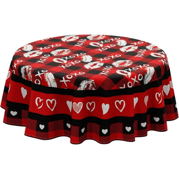 Valentines Day Red and Black Buffalo Plaid Lip Prints Tablecloth Cloth Round Washable Table Covers for Indoor Outdoor Table Home Party Decorations 60x60 Inch