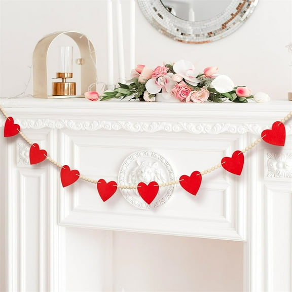 Valentines Day Red Felt Hearts Banner,Wood Bead Garland Love Decor,Heart Shaped Hanging Decorations,Party Banner Photo Backdrop,for Home Fireplace Mantel Wall Decor 7.5 Ft
