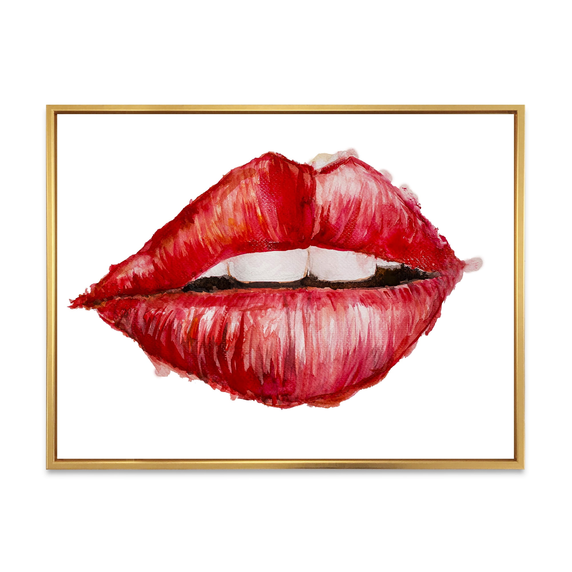 Valentines Day Red Female Lips 20 in x 12 in Framed Painting Canvas Art Print, by Designart