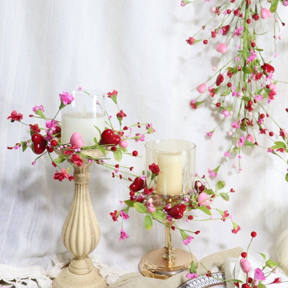 Valentines Day Red & Pink Heart Candle Ring - Faux Silk Flower & Berry Table Centerpiece, Reusable Romantic Candle Holder Decor, Festive Lover’s Accent for Dinner Table, Coffee Table & Desk