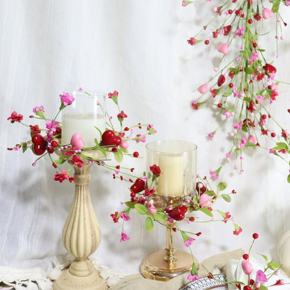 Valentines Day Red & Pink Heart Candle Ring - Faux Silk Flower & Berry Table Centerpiece, Reusable Romantic Candle Holder Decor, Festive Lover’s Accent for Dinner Table, Coffee Table & Desk