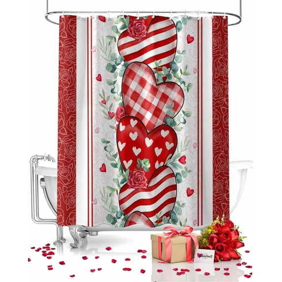 Valentines Day Red Shower Curtains for Bathroom Heart Fabric Shower Curtain with Hooks, Eucalyptus Leaves Shower Curtain Set, Romantic Bathroom Curtains Decoration, Waterproof Polyester, 72"x84" Long