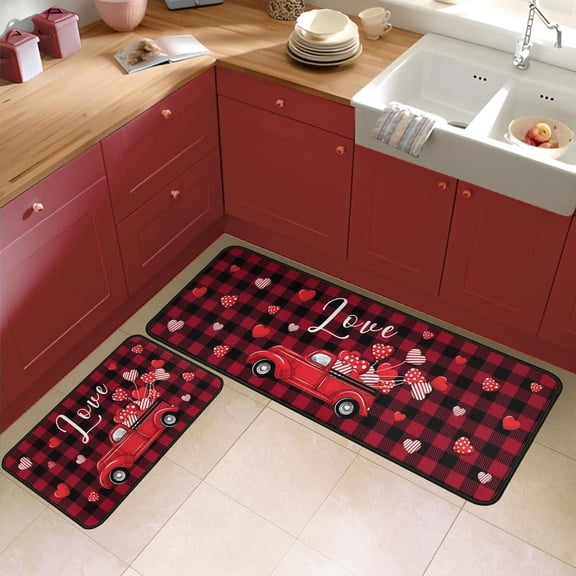 Valentines Day Red Truck Kitchen Rugs Set 2Pcs Buffalo Plaid Check Holiday Non-Slip Stain Resistant Kitchen Floor Rug and Mat for Anniversary Wedding Floor Bedroom Decor 17"x47"+17"x30"