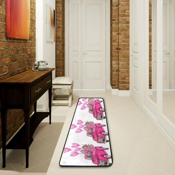 Valentines Day Retro Truck Hallway Runner Rug 2'x6' Kitchen Rug with Rubber Backing Flowers Balloons Watercolor Non Slip Entryway Rug Runner Washable Soft Area Rug for Hallway Bedroom Kitchen Decor