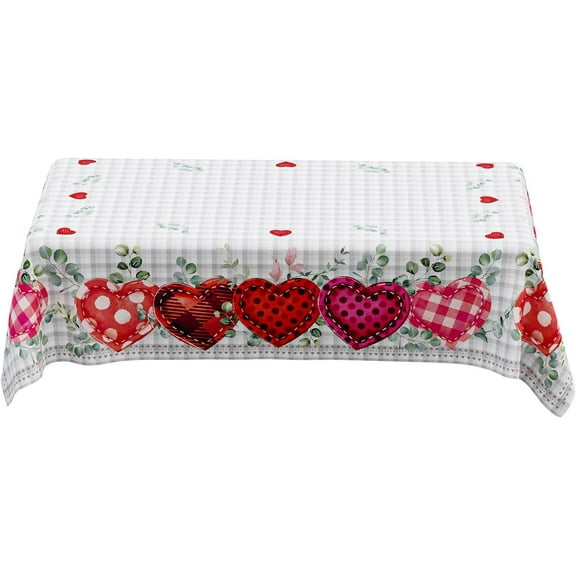 Valentines Day Romantic Plaid Love Hearts Eucalyptus Leaves Tablecloth Cloth Rectangle Washable Table Covers for Indoor Outdoor Dining Table Home Party Decorations 60x104 Inch