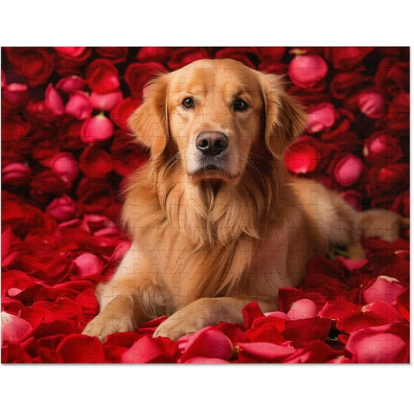 Valentines Day Rose Flower Plant Jigsaw Puzzles for Adults 1000 Piece -Cute Golden Retriever Animal Puzzle- Wooden Puzzles Home Decor DIY Funny Game Preschool Toys Best Gift for Adults Teens