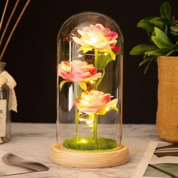 Valentines Day Rose LED Night Light Glass Dome Decoration, Eternal Rose Lamp with Colorful Fairy Lights and Romantic Display, Anniversary Wedding Mothers Day Gift Home Decor