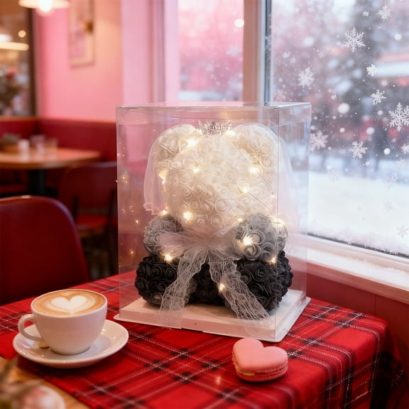Valentines Day Rose Teddy Bear 10 In Artificial Rose Flower Bears With Lights Including Transparent Gift Box