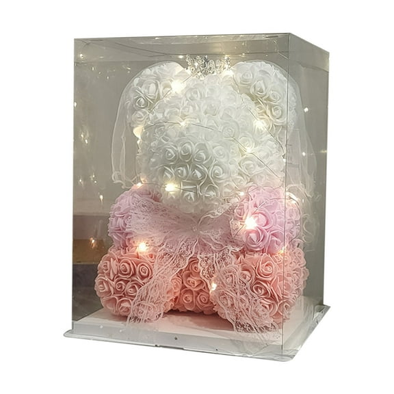 Valentines Day Rose Teddy Bear Artificial Rose Flower Bears With Lights Including Transparent Gift Box 10in