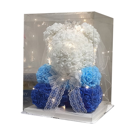 Valentines Day Rose Teddy Bear,Preserved Flowers Artificial Rose Bears with Lights Including Transparent Gift Box(Blue)