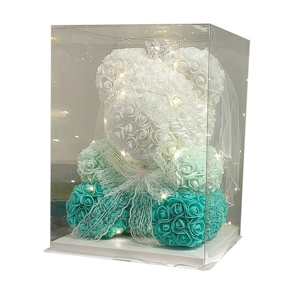 Valentines Day Rose Teddy Bear,Preserved Flowers Artificial Rose Bears with Lights Including Transparent Gift Box(Green)