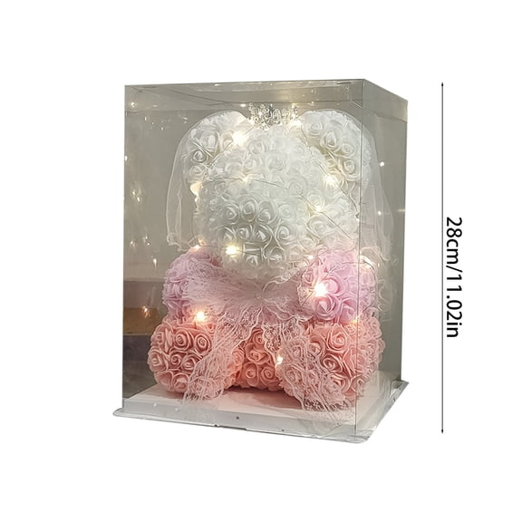Valentines Day Rose Teddy Bear,Preserved Flowers Artificial Rose Bears with Lights Including Transparent Gift Box(Pink)